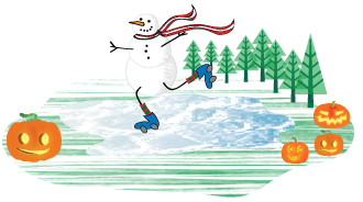 A snowman skating on the ice during the holidays